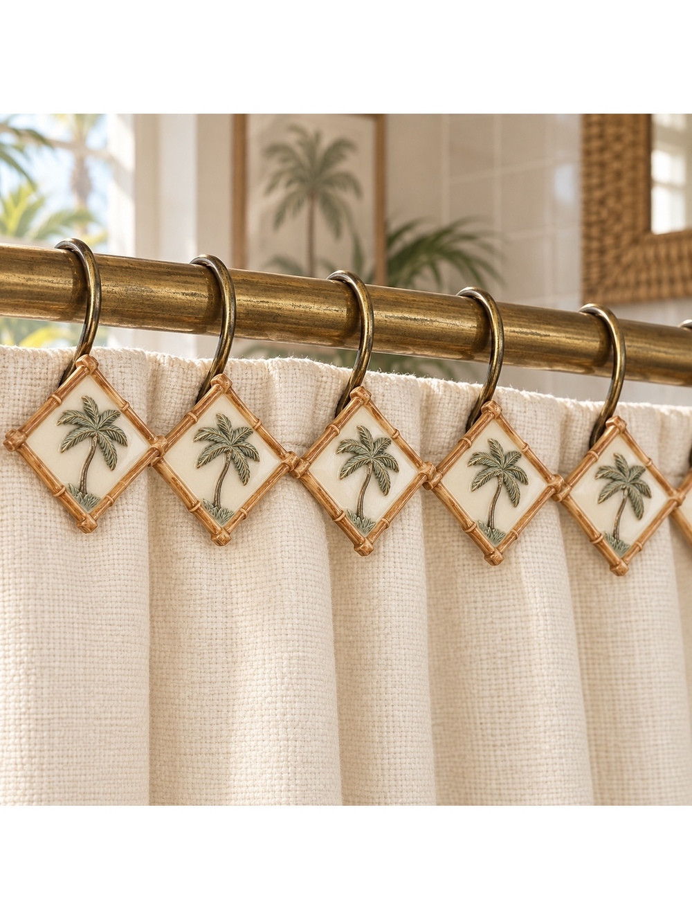 Palm Tree Shower Curtain Hooks Set of 12 Bamboo Tropical Bathroom